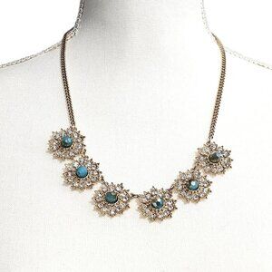 💎Vintage Aquamarine Rhinestones Inlaid Flower Gold Tone Necklace